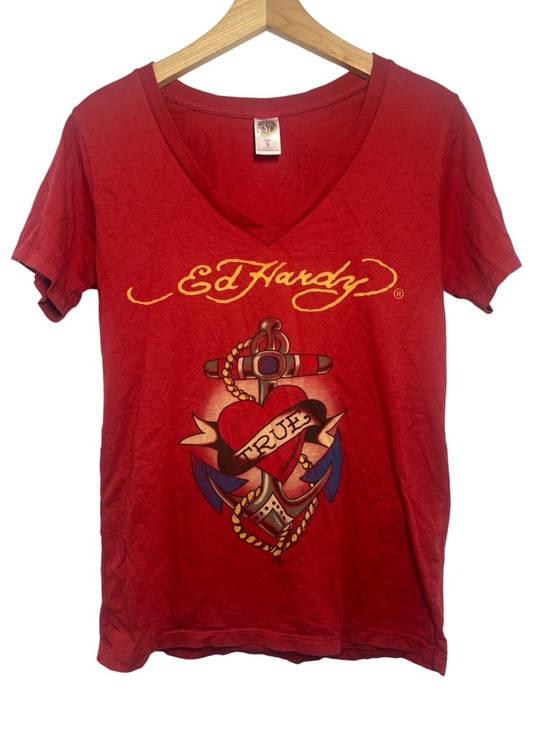 Ed Hardy Tops - Ed Hardy Red Graphic V neck Tee with Iconic Logo